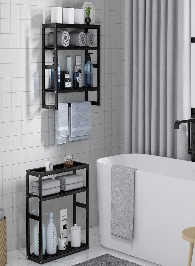 PPN Towel Rack Bathroom Storage Shelves Over The Toilet with Towel Bar 100% Bamboo Adjustable Height Floating Shelf Wall Shower Shelf for Small Space Bathroom Kitchen Multi Usage (Black-2Pack) - Image 3