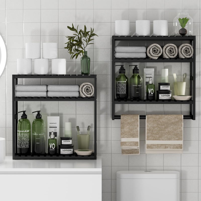 PPN Towel Rack Bathroom Storage Shelves Over The Toilet with Towel Bar 100% Bamboo Adjustable Height Floating Shelf Wall Shower Shelf for Small Space Bathroom Kitchen Multi Usage (Black-2Pack) - Image 1