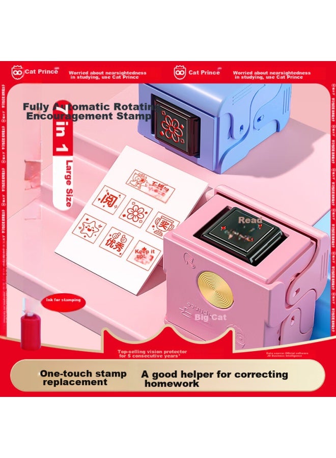 Cat Prince Maotaizi Children's Reward Stamp, Fully Automatic Rotating Award Seal, 7-in Teacher's Homework Correction Stamp, Encouragement For Primary School Students, Praise And Commendation For Kids, Little Red Flower Teacher Stamp, Pink - Image 1