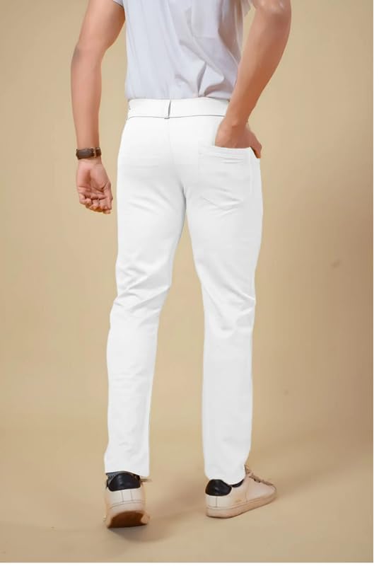 NoseQueen Men's Slim Fit Cargo Trousers | Stretchable Formal Men Trousers | Stylish Slim Fit Trouser for Men | Polycotton Knitted Fabric Pant for Man White - Image 3