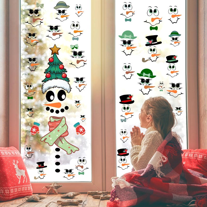 Easma Snowman Face Stickers  33pcs Christmas Ornaments Decals for Crafts  Reflective Vinyl Wall & Glass Decor  Reusable  Irregular Shape  Green  Indoor Usage  Holiday Party Supplies - Image 2