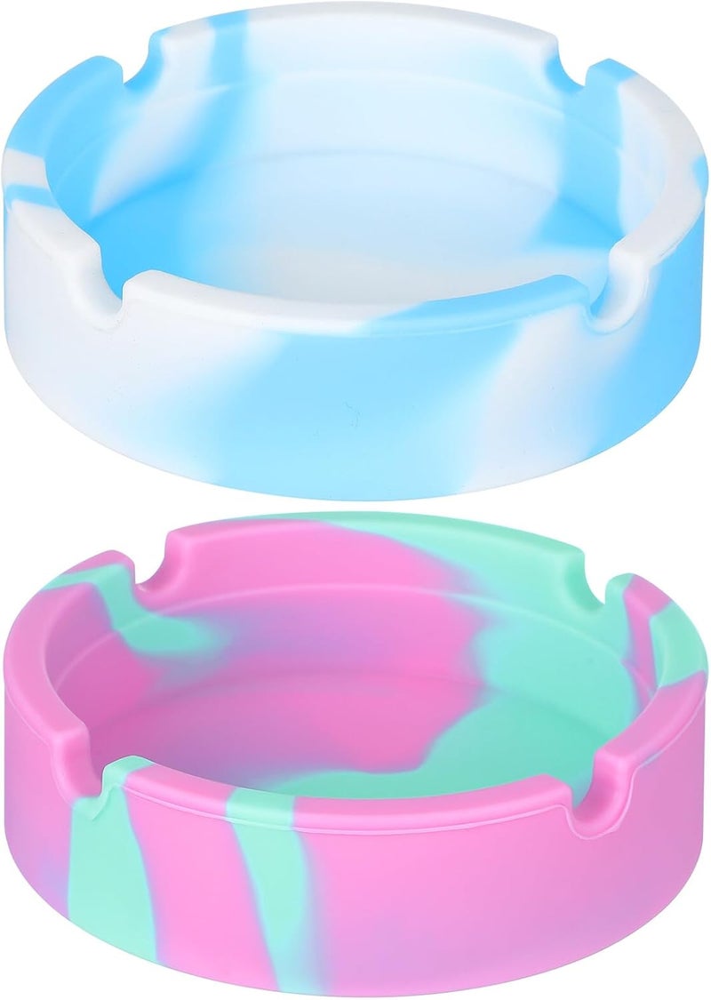 TOYANDONA 2pcs Silicone Ashtrays, Non-slip round Ash Catcher Bowls for Indoor Outdoor Use, Colorful Mint Green and Sky Blue Camouflage, Heat Resistant Household Containers - Image 1