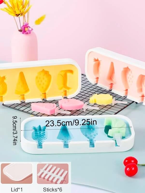 TLISMI Cute Fruit Theme Non-Stick Silicone Ice Cream Molds with 6 Reusable Sticks, BPA Free, Easy Release, DIY Cartoon Shapes Kulfi, Popsicle Moulds Ice Cream Pop Maker for Kids & Adults Multicolor - Image 2
