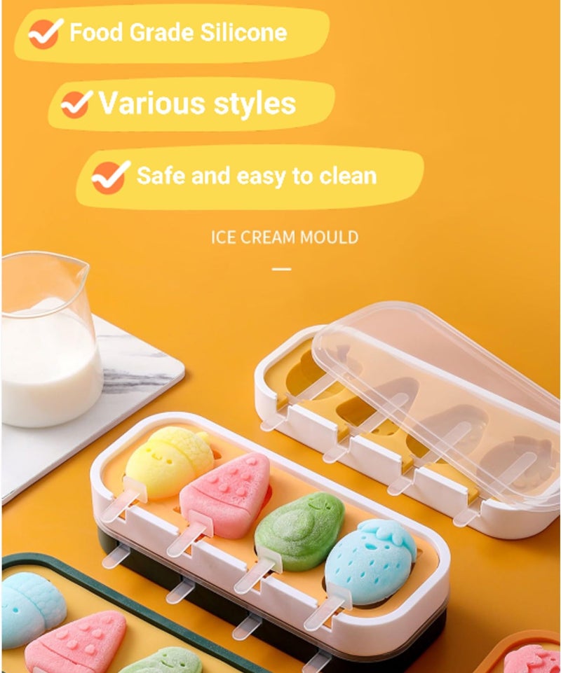 TLISMI Cute Fruit Theme Non-Stick Silicone Ice Cream Molds with 6 Reusable Sticks, BPA Free, Easy Release, DIY Cartoon Shapes Kulfi, Popsicle Moulds Ice Cream Pop Maker for Kids & Adults Multicolor - Image 3