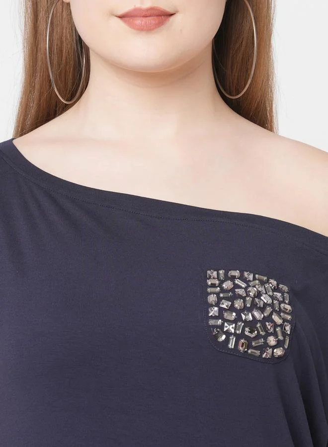 Mish Mish Women Navy Blue Embellished Detail One Side Off-Shoulder T-Shirt