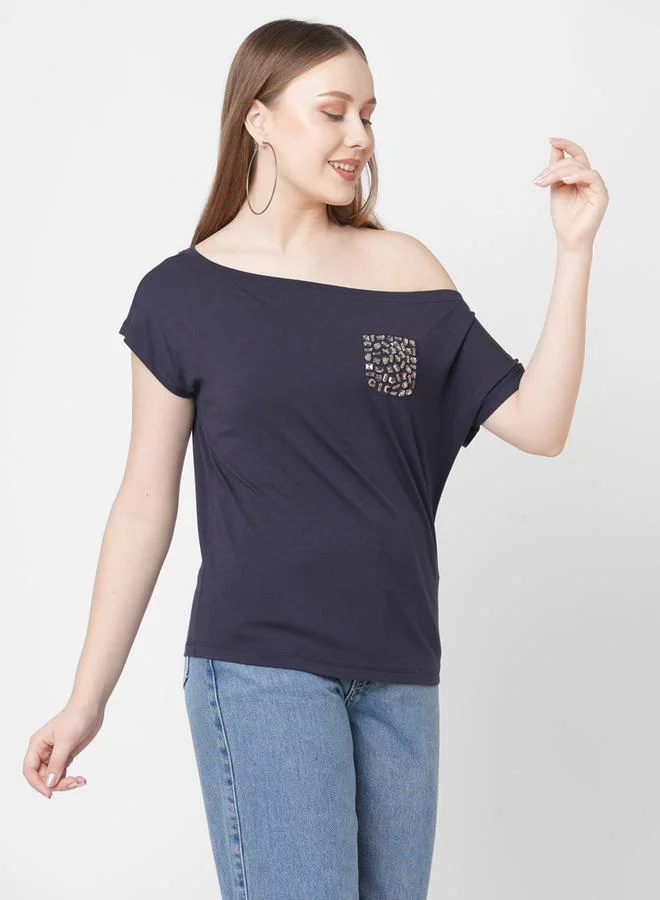 Mish Mish Women Navy Blue Embellished Detail One Side Off-Shoulder T-Shirt