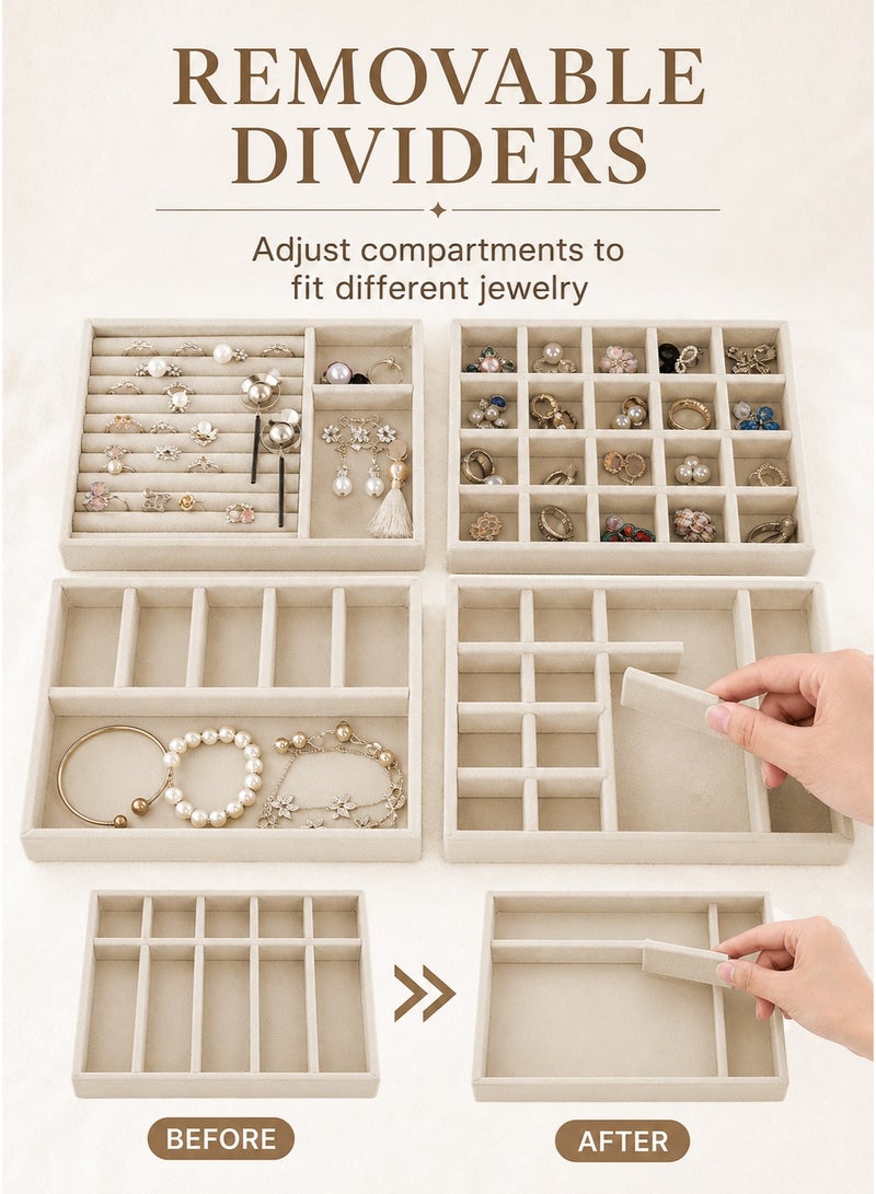 XiuWoo Set of 4 Stackable Jewelry Trays Organizer, Closet Drawer Organizer, Jewelry Display Case , Necklace Storage Container, Drawer Accessories Tray for Earring Rings Bracelet with Removable Dividers - Image 4
