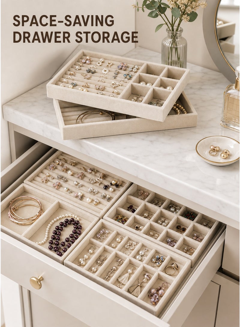 XiuWoo Set of 4 Stackable Jewelry Trays Organizer, Closet Drawer Organizer, Jewelry Display Case , Necklace Storage Container, Drawer Accessories Tray for Earring Rings Bracelet with Removable Dividers - Image 5