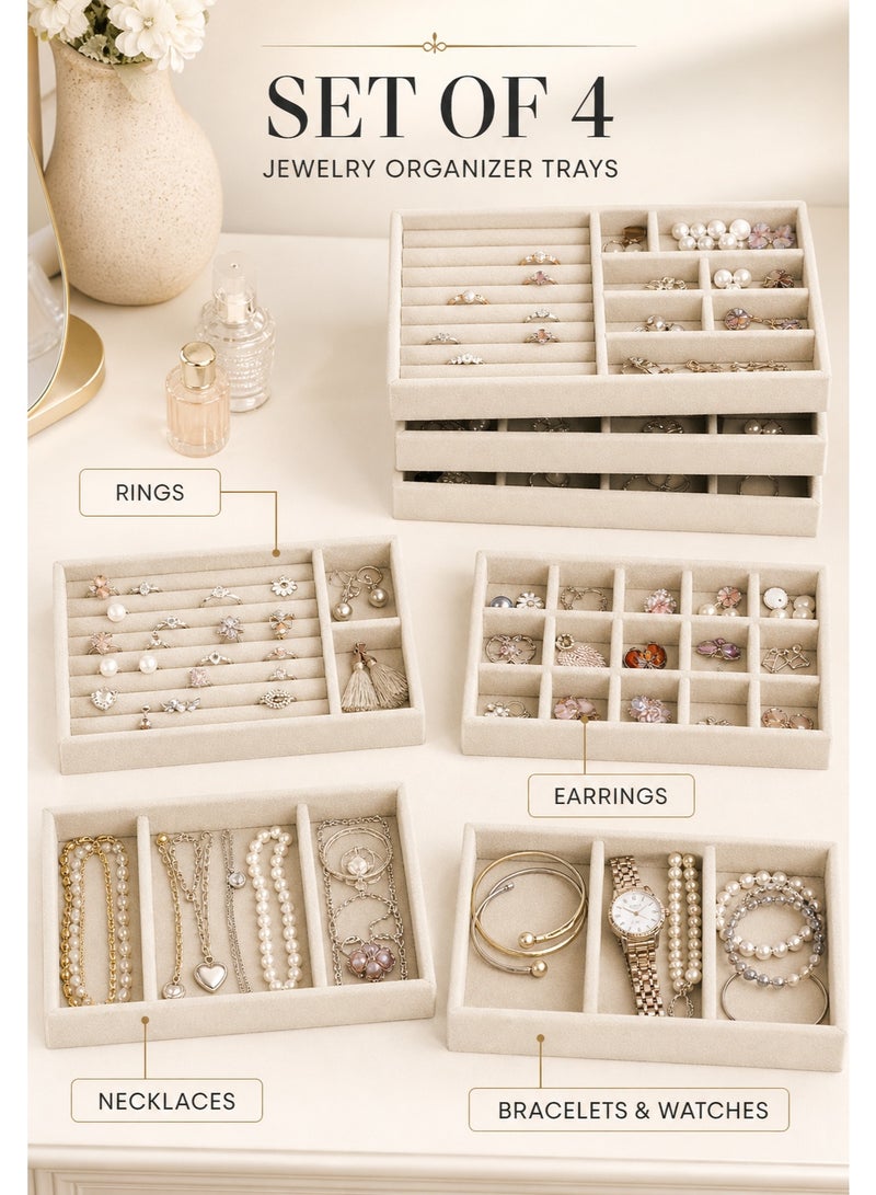 XiuWoo Set of 4 Stackable Jewelry Trays Organizer, Closet Drawer Organizer, Jewelry Display Case , Necklace Storage Container, Drawer Accessories Tray for Earring Rings Bracelet with Removable Dividers - Image 2