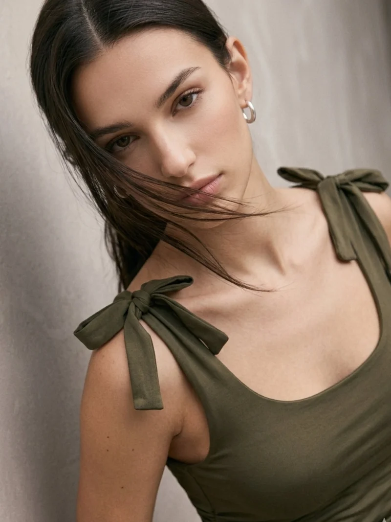 Outzidr  Olive Side Ruched Tie Up Straps Tank for Women | Best Price UAE