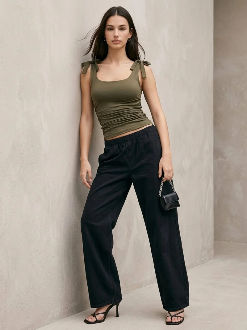 Outzidr  Olive Side Ruched Tie Up Straps Tank for Women | Best Price UAE