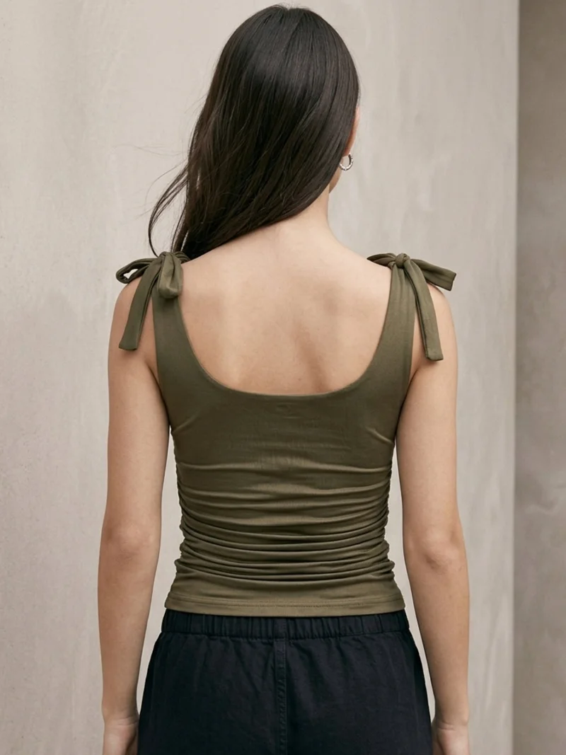 Outzidr  Olive Side Ruched Tie Up Straps Tank for Women | Best Price UAE