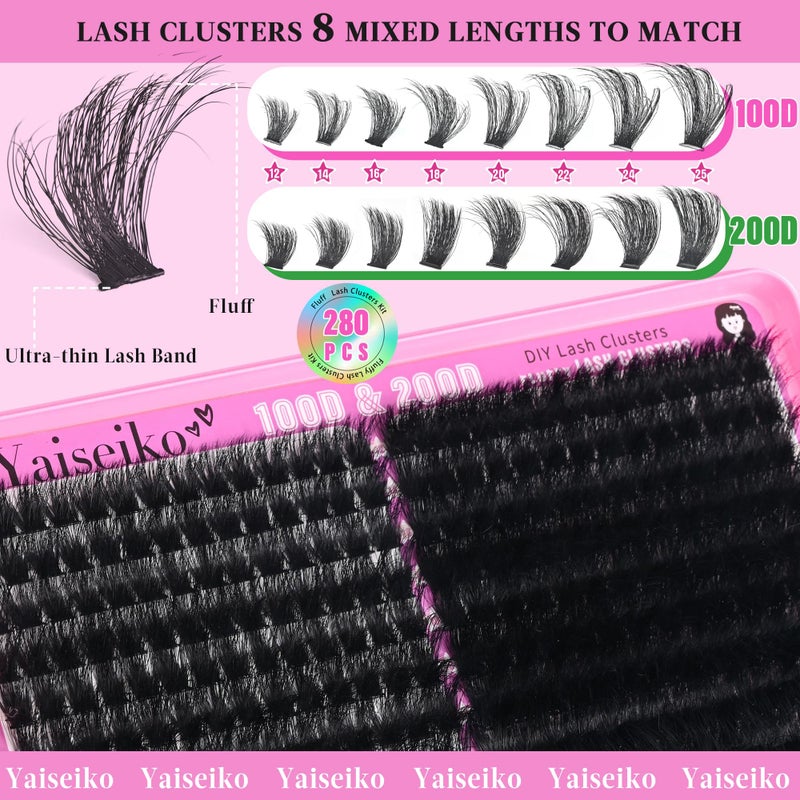 Yaiseiko Lash Clusters 100D+200D Thick Eyelash Clusters 12-25mm Wispy Individual Mega Volume Lashes D C Cluster Eyelash Extensions 280Pcs DIY Lash Extension at Home, by Yaiseiko(Plant Fiber) - Image 2