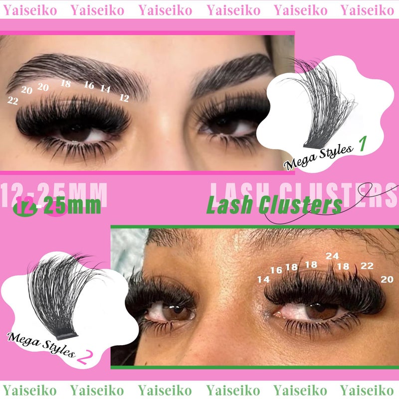 Yaiseiko Lash Clusters 100D+200D Thick Eyelash Clusters 12-25mm Wispy Individual Mega Volume Lashes D C Cluster Eyelash Extensions 280Pcs DIY Lash Extension at Home, by Yaiseiko(Plant Fiber) - Image 3