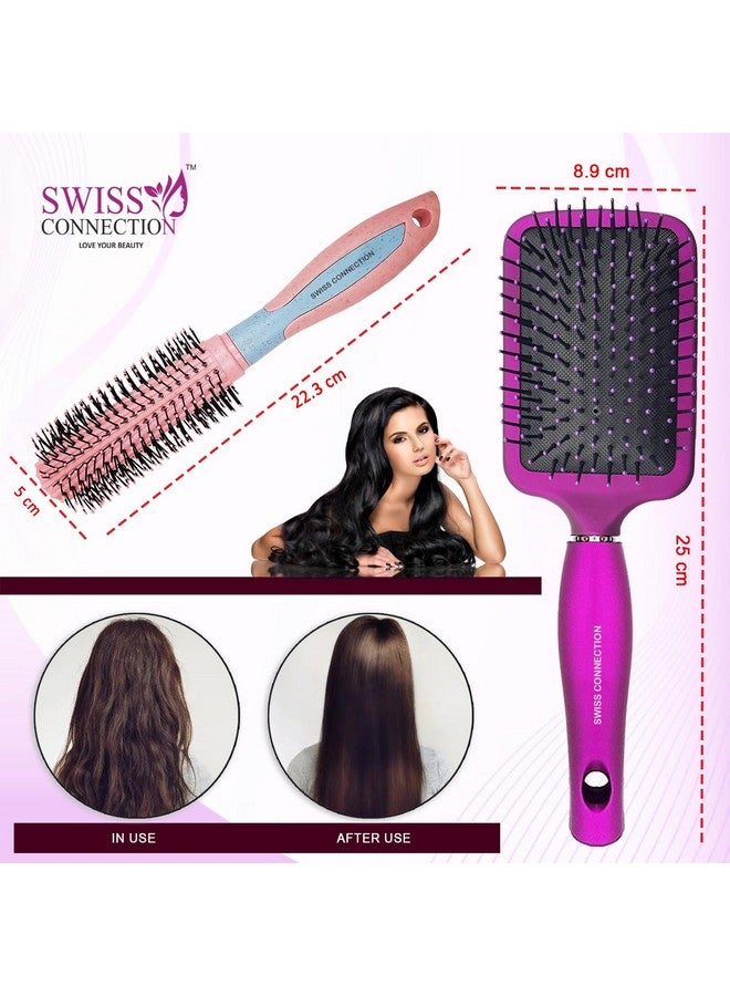 Swiss Connection Premium Paddle Detangling and Roller Hair Brushes, Professional Hair Brush Set for Women & Teen Girls, Gifts Set for All Types Hair Styling - 2Pcs - Image 2