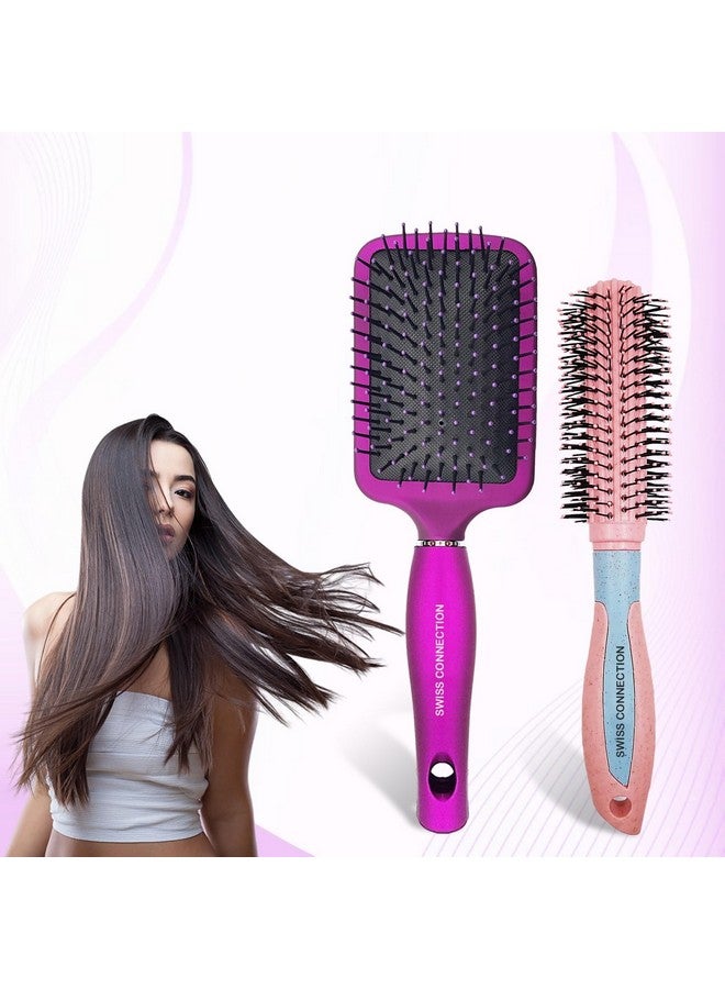 Swiss Connection Premium Paddle Detangling and Roller Hair Brushes, Professional Hair Brush Set for Women & Teen Girls, Gifts Set for All Types Hair Styling - 2Pcs - Image 1