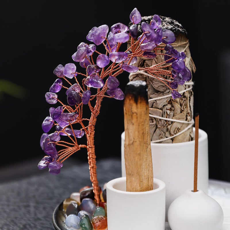 YIENENG 5 in 1 Incense Burner Holder with Crystal Tree for Burning Palo Santo Stick, Sage, Incense Sticks, Candle, Ceramic Tray Ash Catcher, Meditation Gift (Purple) - Image 5