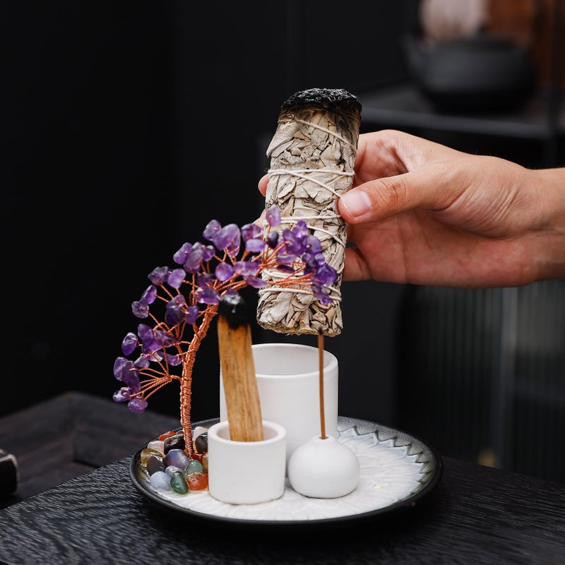 YIENENG 5 in 1 Incense Burner Holder with Crystal Tree for Burning Palo Santo Stick, Sage, Incense Sticks, Candle, Ceramic Tray Ash Catcher, Meditation Gift (Purple) - Image 3