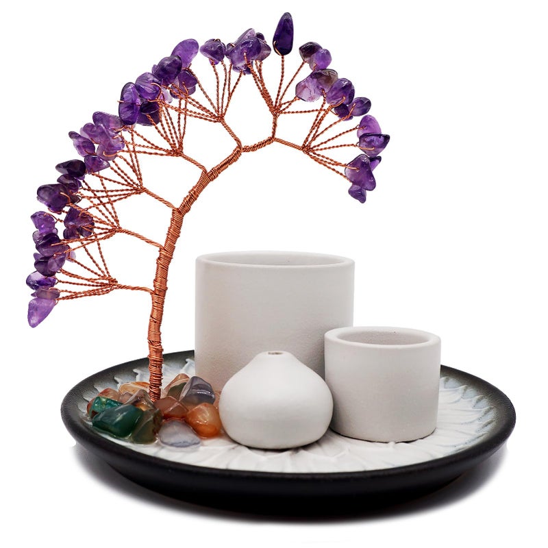 YIENENG 5 in 1 Incense Burner Holder with Crystal Tree for Burning Palo Santo Stick, Sage, Incense Sticks, Candle, Ceramic Tray Ash Catcher, Meditation Gift (Purple) - Image 1