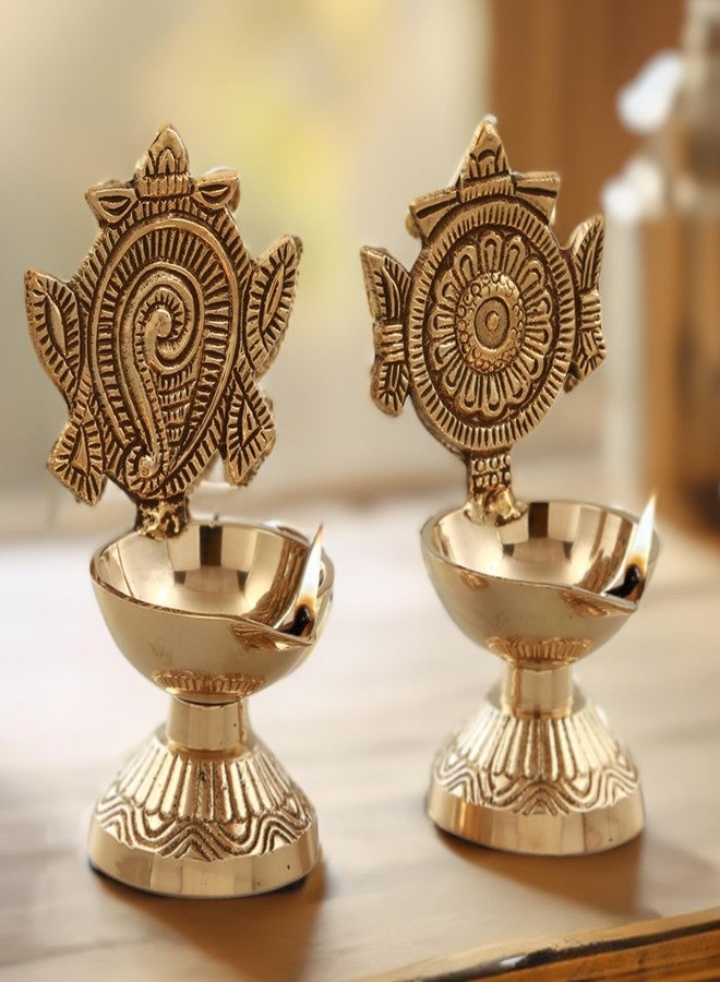 SACCH Brass Shanku Chakra Diya Set for Pooja, Good Luck & Prosperity – Traditional Gold Finish Shankh Chakra Deepam for Mandir, Wealth & Wealth Attraction – Set of 2 (430g, 11cm Height) - Image 1
