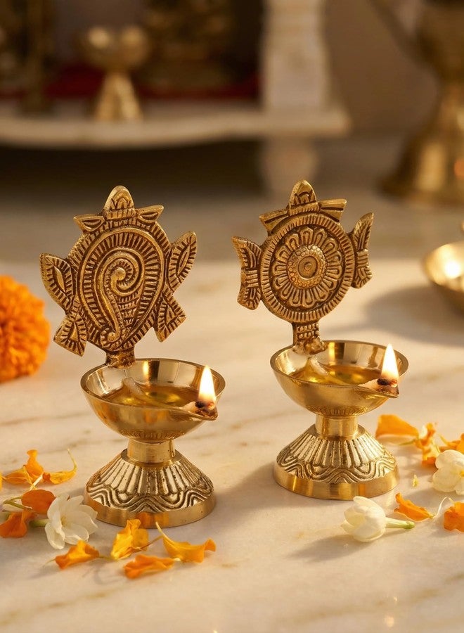 SACCH Brass Shanku Chakra Diya Set for Pooja, Good Luck & Prosperity – Traditional Gold Finish Shankh Chakra Deepam for Mandir, Wealth & Wealth Attraction – Set of 2 (430g, 11cm Height) - Image 2