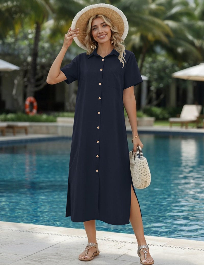 HOTOUCH Dresses for Women Summer Casual Midi Short Sleeve Button Down Shirt Linen Dress Beach Cruise Cover Up with Pocket - Image 2