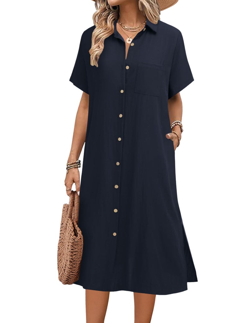HOTOUCH Dresses for Women Summer Casual Midi Short Sleeve Button Down Shirt Linen Dress Beach Cruise Cover Up with Pocket - Image 1