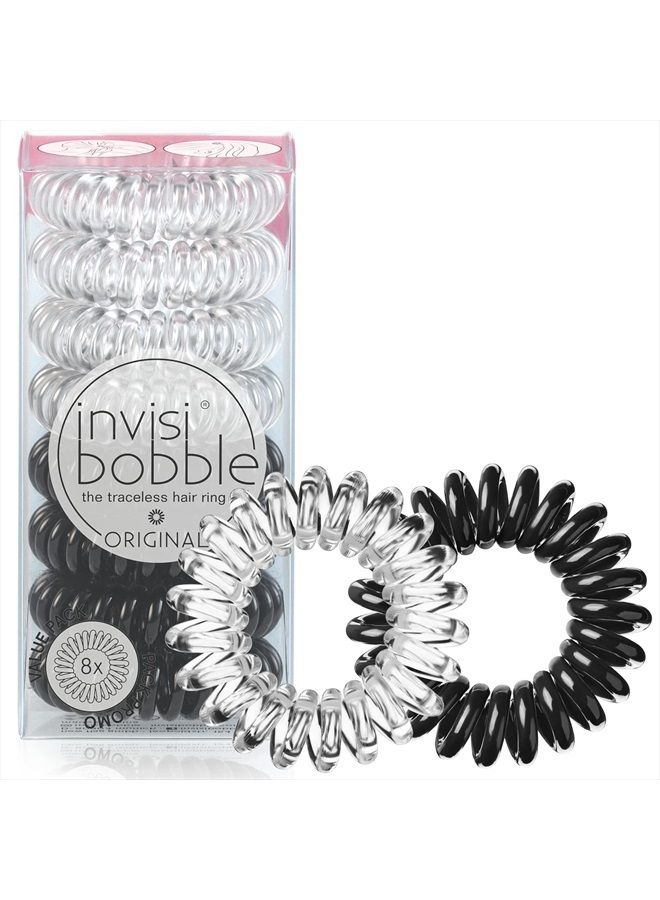 invisibobble Original Traceless Spiral Hair Ties - Pack of 8, Crystal Clear and True Black- Strong Elastic Grip Coil Accessories for Women - Non Soaking - Gentle for Girls Teens and Thick Hair - Image 1