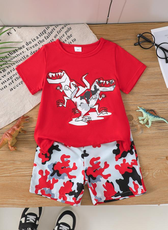 Take Two Boys Red Dinosaur Graphic T-Shirt and Camo Shorts Set - Image 1