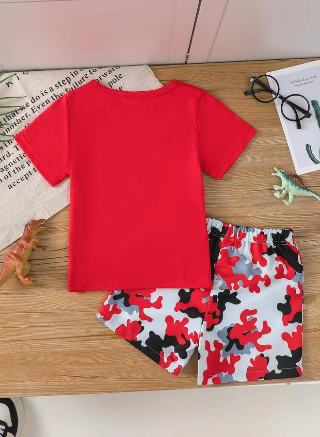 تايك تو Take Two Boys Red Dinosaur Graphic T-Shirt and Camo Shorts Set