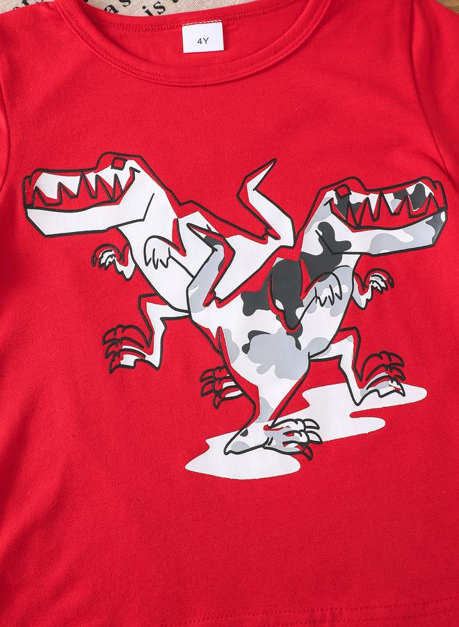 Take Two Boys Red Dinosaur Graphic T-Shirt and Camo Shorts Set - Image 4