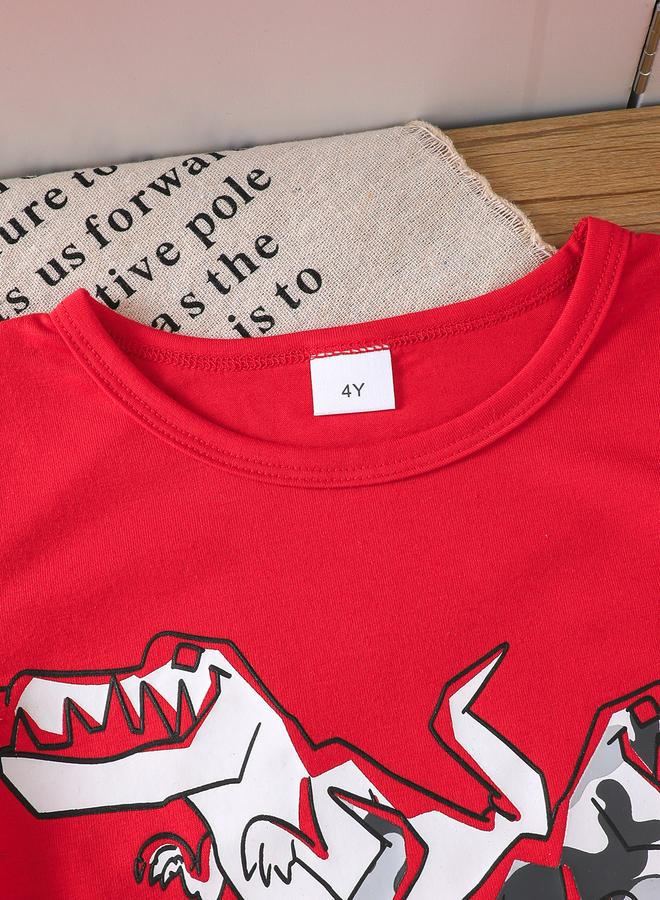 Take Two Boys Red Dinosaur Graphic T-Shirt and Camo Shorts Set - Image 2