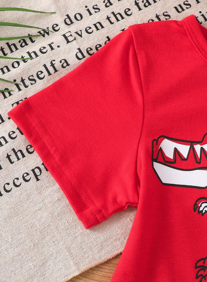 Take Two Boys Red Dinosaur Graphic T-Shirt and Camo Shorts Set - Image 3