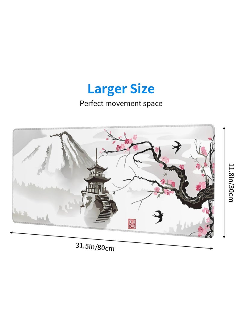 Gaming Mouse Pad XL Japanese Pagoda and Cherry Blossom Branch Oversized Mouse Pad Desk Mat Mouse Pad with Stitched Edges Long Non-Slip Rubber Base 80x30cm  - Image 4