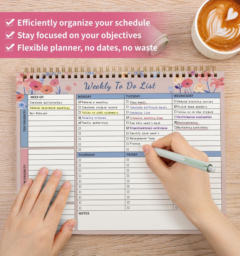 ALKALO 104 Pgs Weekly To Do List Notepad, 52 Duplex-Printed Undated Sheets 100 GSMï¼ˆ8.5"Ã—11") Weekly Desk Planner For Work Home School Office Desk Accessories Supplies & Goal Setting Tasks -Pink Floral - Image 4