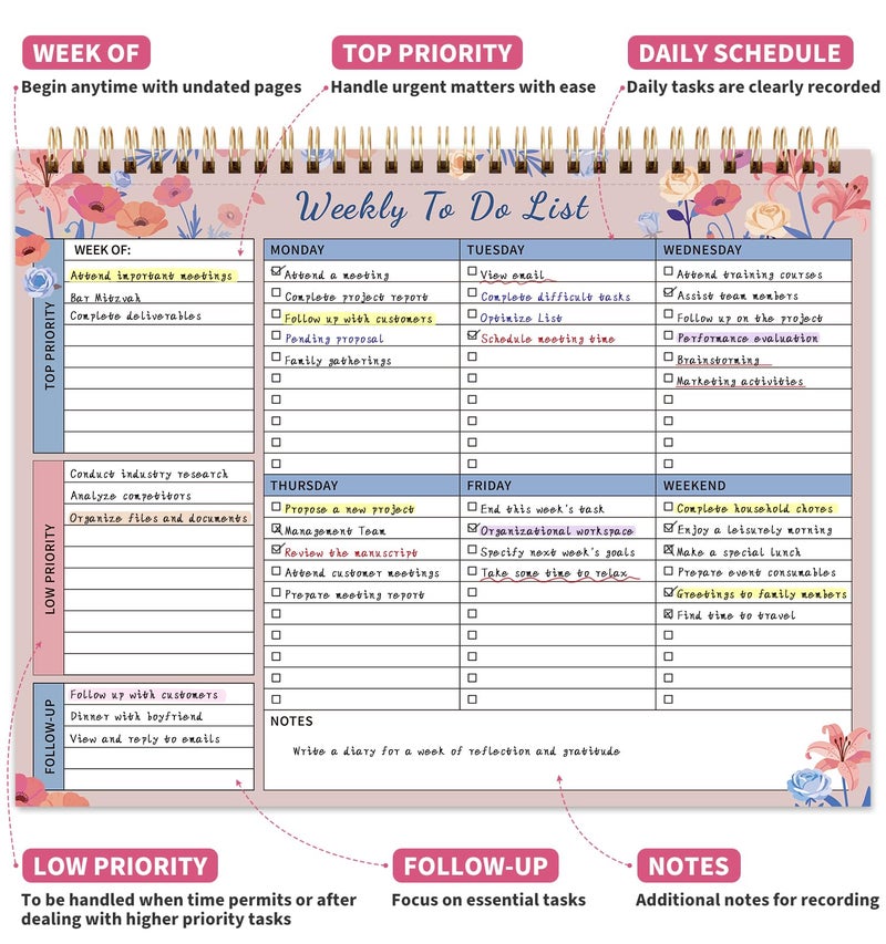 ALKALO 104 Pgs Weekly To Do List Notepad, 52 Duplex-Printed Undated Sheets 100 GSMï¼ˆ8.5"Ã—11") Weekly Desk Planner For Work Home School Office Desk Accessories Supplies & Goal Setting Tasks -Pink Floral - Image 2