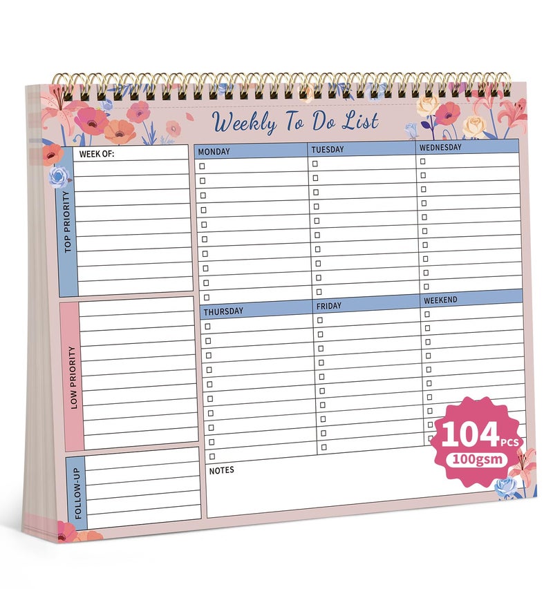 ALKALO 104 Pgs Weekly To Do List Notepad, 52 Duplex-Printed Undated Sheets 100 GSMï¼ˆ8.5"Ã—11") Weekly Desk Planner For Work Home School Office Desk Accessories Supplies & Goal Setting Tasks -Pink Floral - Image 1