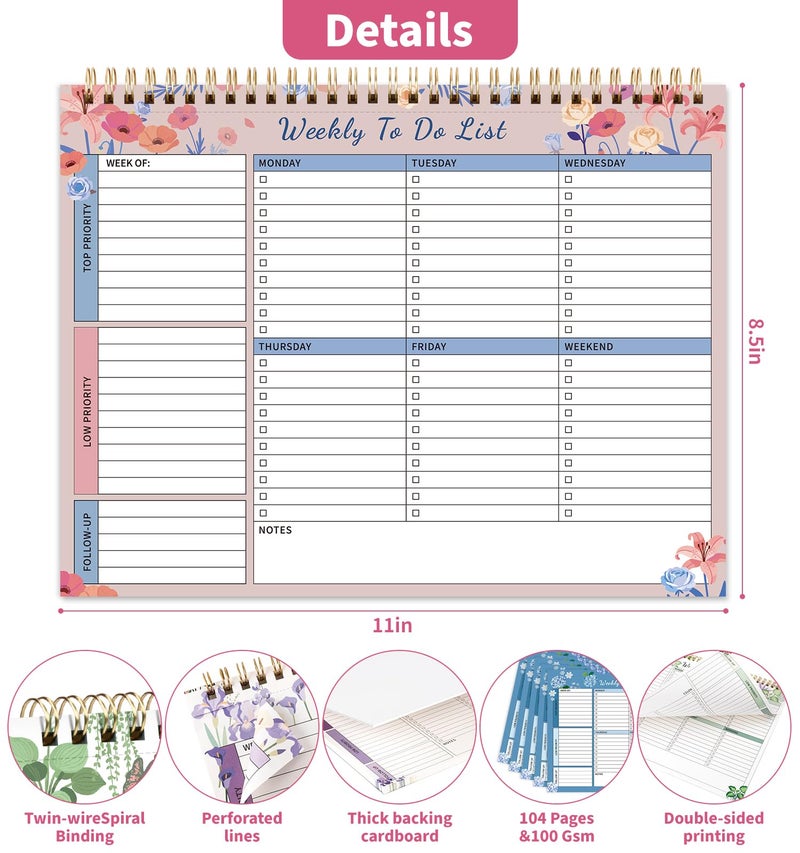 ALKALO 104 Pgs Weekly To Do List Notepad, 52 Duplex-Printed Undated Sheets 100 GSMï¼ˆ8.5"Ã—11") Weekly Desk Planner For Work Home School Office Desk Accessories Supplies & Goal Setting Tasks -Pink Floral - Image 3