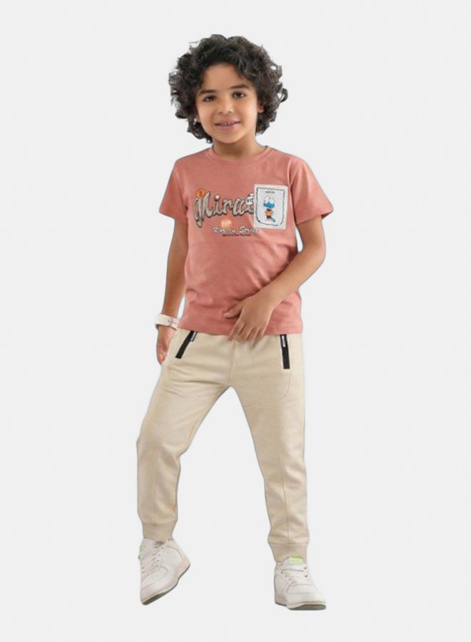 Bongo Boys Cotton T-shirt & Pants Set Cashmere & Beige - Kids Comfortable Casual Wear