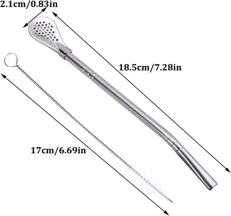 FRUTA Carefully selected solid material 6 PCS Stainless Steel Yerba Mate Tea Bombilla Straws with Filter Spoon and 2 PCS Cleaning Brushes, Removable Filtered Spoons Drinking Straw, 18.5CM/7.28inch Closed & open space compatible - Image 2