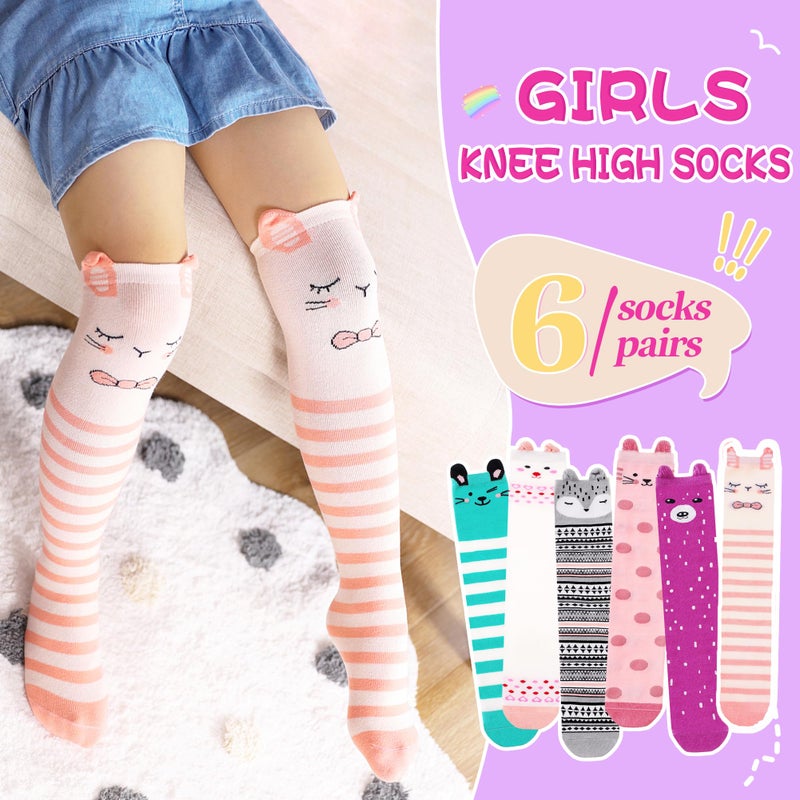 Eocom Girls Knee High Socks Kids Crazy Fun Gift Silly Tall Boot Cute Animal Cotton Long Socks 6 Pairs(Green/Grey/White/Pink/Purple, 3-12 Years) - Image 2