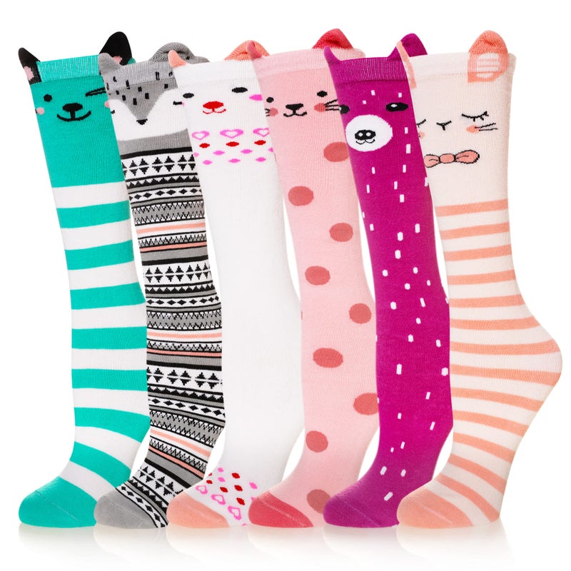 Eocom Girls Knee High Socks Kids Crazy Fun Gift Silly Tall Boot Cute Animal Cotton Long Socks 6 Pairs(Green/Grey/White/Pink/Purple, 3-12 Years) - Image 1