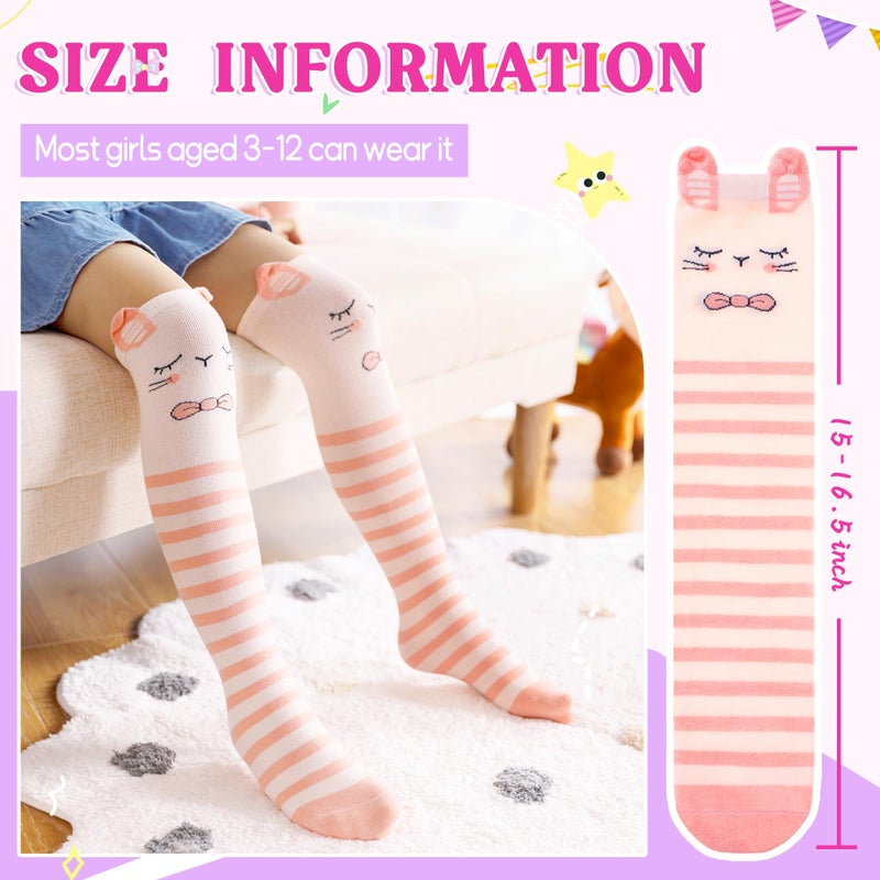Eocom Girls Knee High Socks Kids Crazy Fun Gift Silly Tall Boot Cute Animal Cotton Long Socks 6 Pairs(Green/Grey/White/Pink/Purple, 3-12 Years) - Image 5