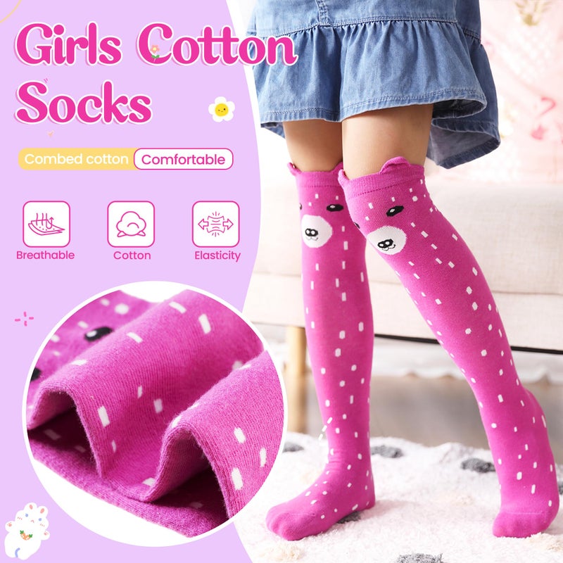 Eocom Girls Knee High Socks Kids Crazy Fun Gift Silly Tall Boot Cute Animal Cotton Long Socks 6 Pairs(Green/Grey/White/Pink/Purple, 3-12 Years) - Image 3