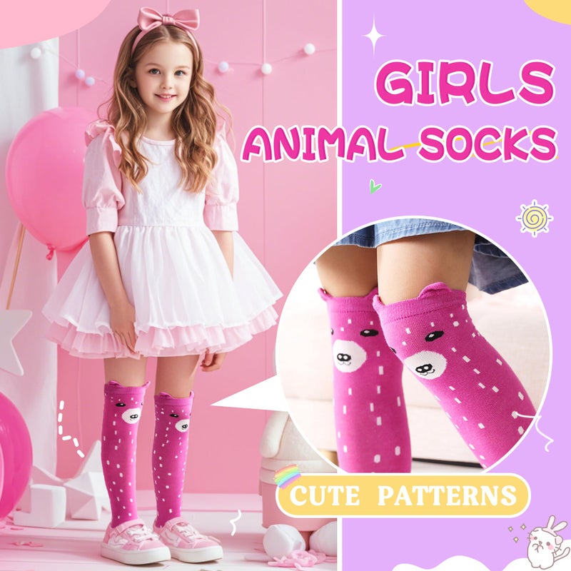 Eocom Girls Knee High Socks Kids Crazy Fun Gift Silly Tall Boot Cute Animal Cotton Long Socks 6 Pairs(Green/Grey/White/Pink/Purple, 3-12 Years) - Image 4
