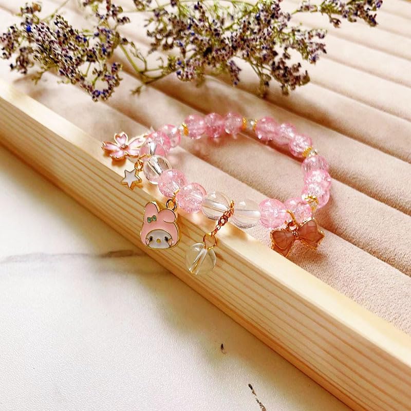 Cicod Kawaii Bracelets My Melody Bracelet Pink Cinnamoroll Crystal Beads Bracelet Set Cute Cartoon Elastic Beaded Pearl Pink Bracelets Jewelry Christmas Stocking Stuffers for Women Friendship Accessories(Pink2) - Image 5