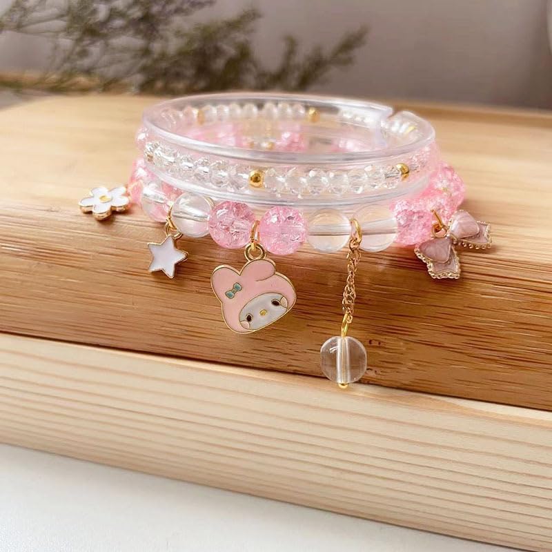 Cicod Kawaii Bracelets My Melody Bracelet Pink Cinnamoroll Crystal Beads Bracelet Set Cute Cartoon Elastic Beaded Pearl Pink Bracelets Jewelry Christmas Stocking Stuffers for Women Friendship Accessories(Pink2) - Image 2