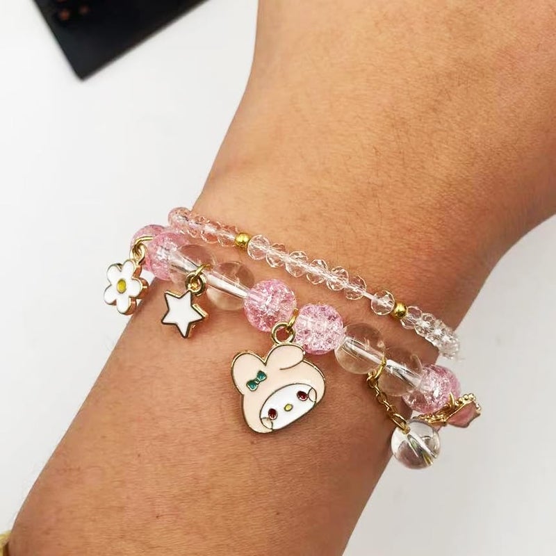 Cicod Kawaii Bracelets My Melody Bracelet Pink Cinnamoroll Crystal Beads Bracelet Set Cute Cartoon Elastic Beaded Pearl Pink Bracelets Jewelry Christmas Stocking Stuffers for Women Friendship Accessories(Pink2) - Image 4