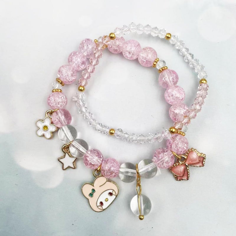 Cicod Kawaii Bracelets My Melody Bracelet Pink Cinnamoroll Crystal Beads Bracelet Set Cute Cartoon Elastic Beaded Pearl Pink Bracelets Jewelry Christmas Stocking Stuffers for Women Friendship Accessories(Pink2) - Image 3