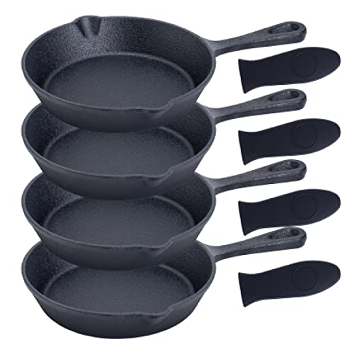 Bruntmor Cast Iron Frying Pan Set of 4-6x4 Inch Black Pre-Seasoned Skillets with Heat-Resistant Silicone - Mini Cast Iron Skillet Set for Stovetop, Oven, and Grill - Image 1